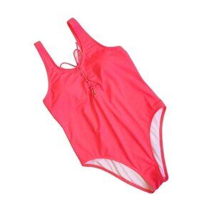 Neon Pink One Piece Swimsuit Cheeky VS Size Large Low Back Lattice Detail Barbie